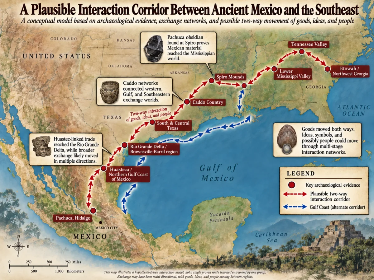 Conceptual map of a possible two-way ancient interaction corridor linking central Mexico, the Huasteca, Rio Grande Delta, Texas, Caddo country, Spiro, the Mississippi Valley, Tennessee Valley, and northwest Georgia