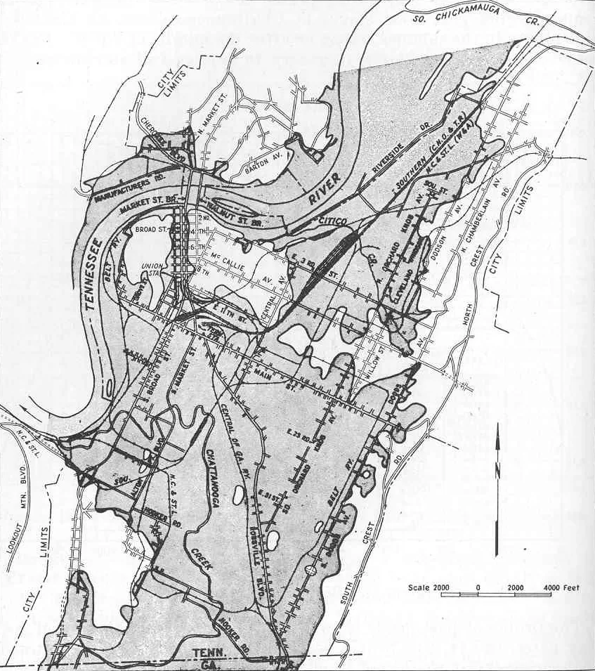 TVA map showing the extent of the March 1867 flood in downtown Chattanooga