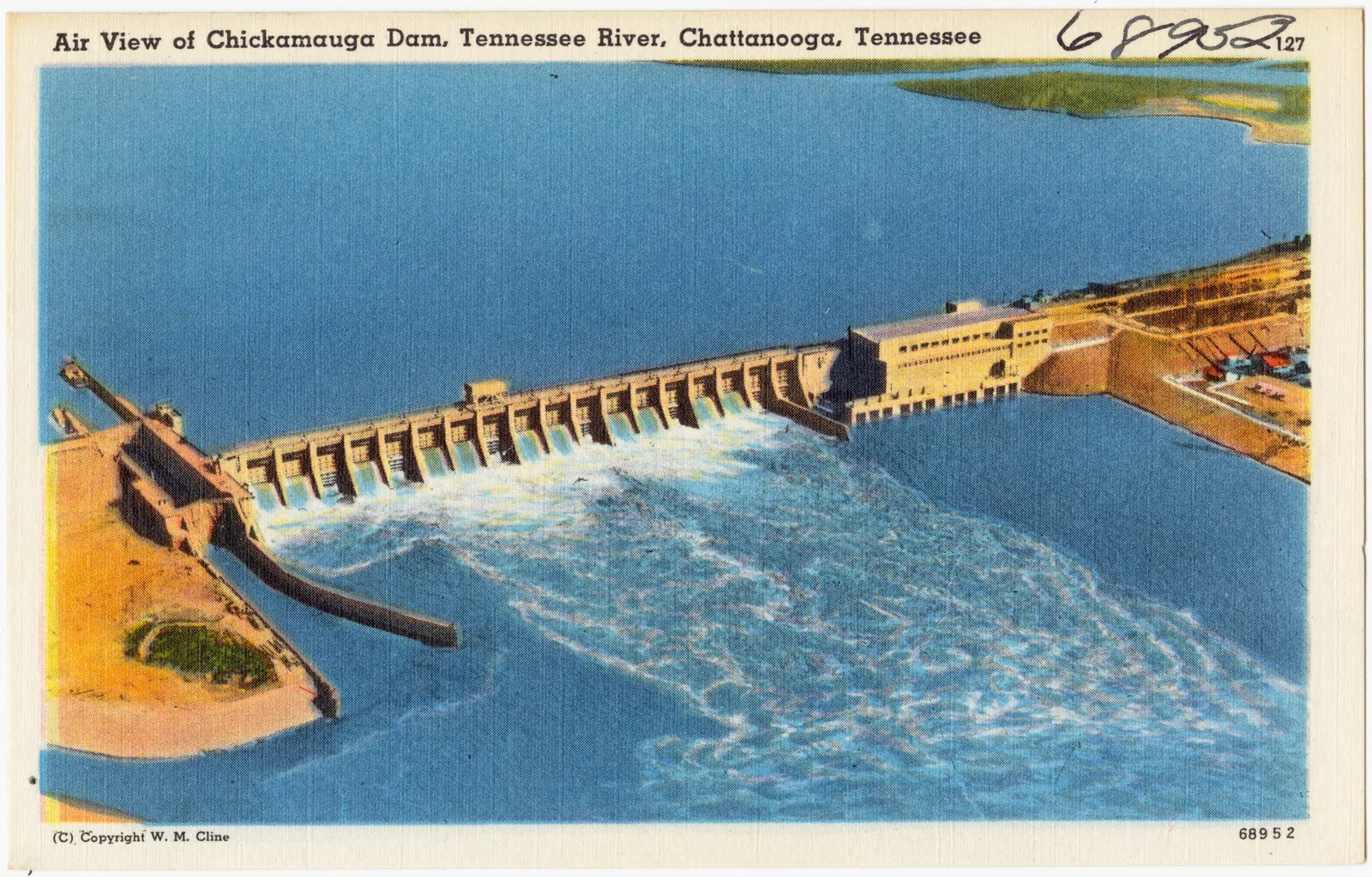 Historic aerial postcard view of Chickamauga Dam on the Tennessee River
