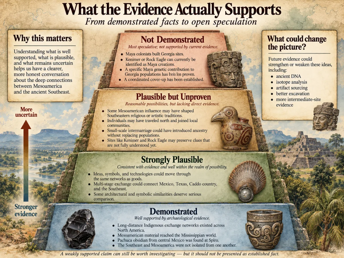 Evidence pyramid separating demonstrated Mexico-Southeast archaeological facts from strongly plausible ideas, plausible but unproven hypotheses, and claims that are not demonstrated