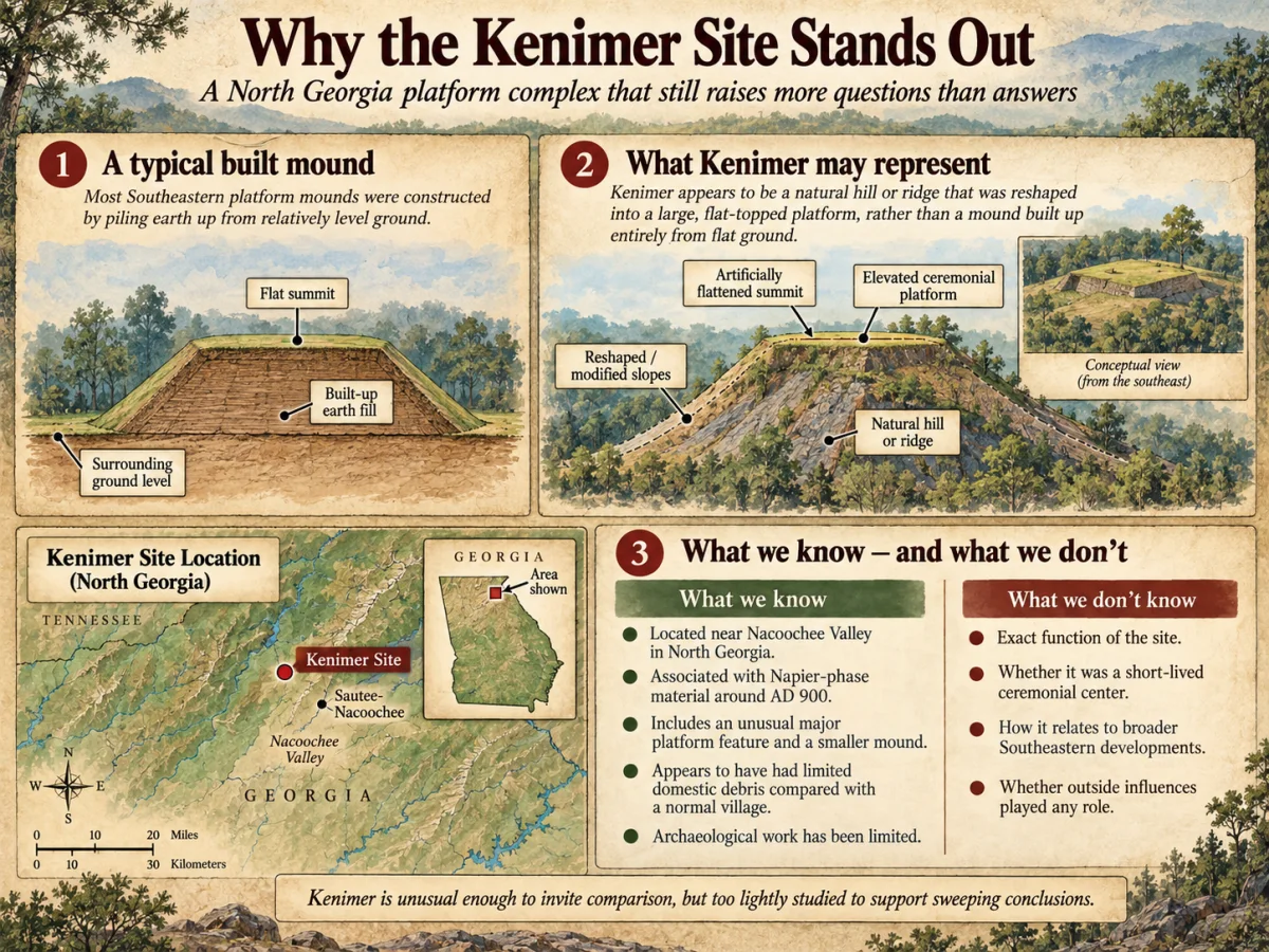 Conceptual archaeology infographic comparing a typical built mound with the Kenimer Site's reshaped natural hill or platform in North Georgia