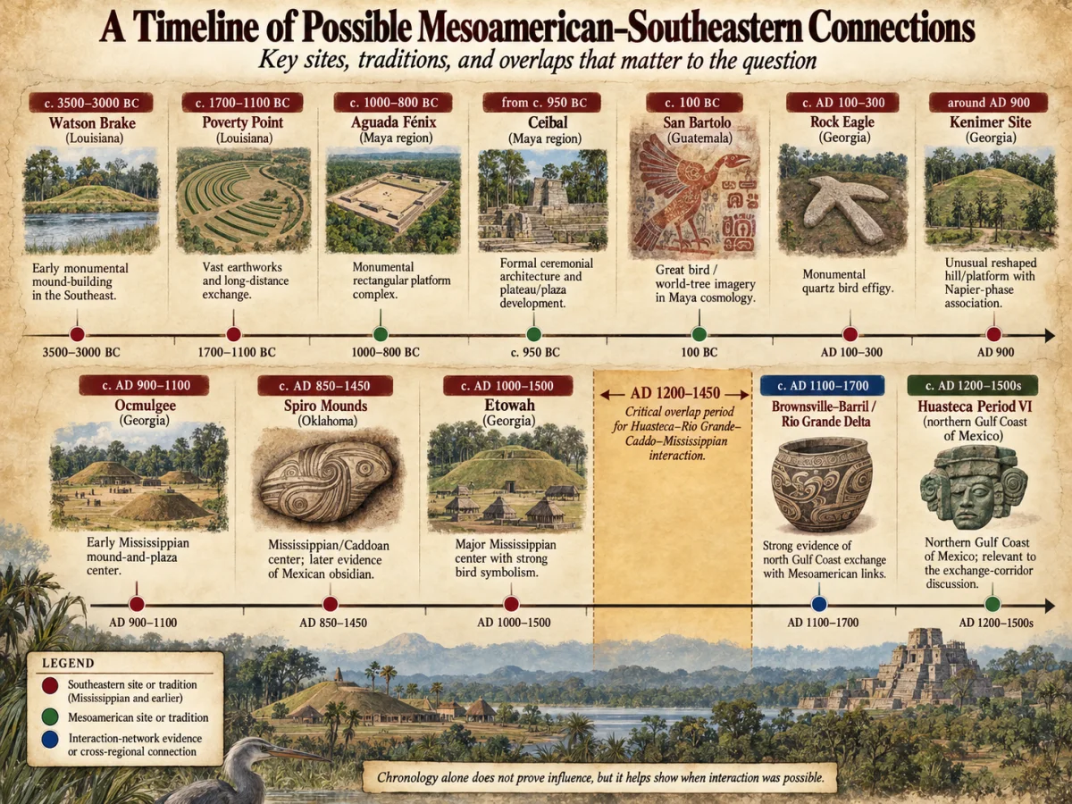 Timeline comparing ancient Southeastern sites and Mesoamerican sites including Watson Brake, San Bartolo, Rock Eagle, Kenimer, Ocmulgee, Spiro, Etowah, Brownsville-Barril, and the Huasteca