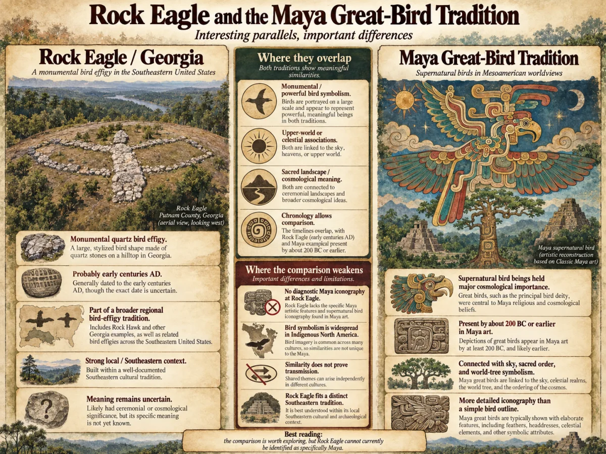 Comparison infographic showing Rock Eagle in Georgia beside Maya great-bird symbolism, with similarities and important differences